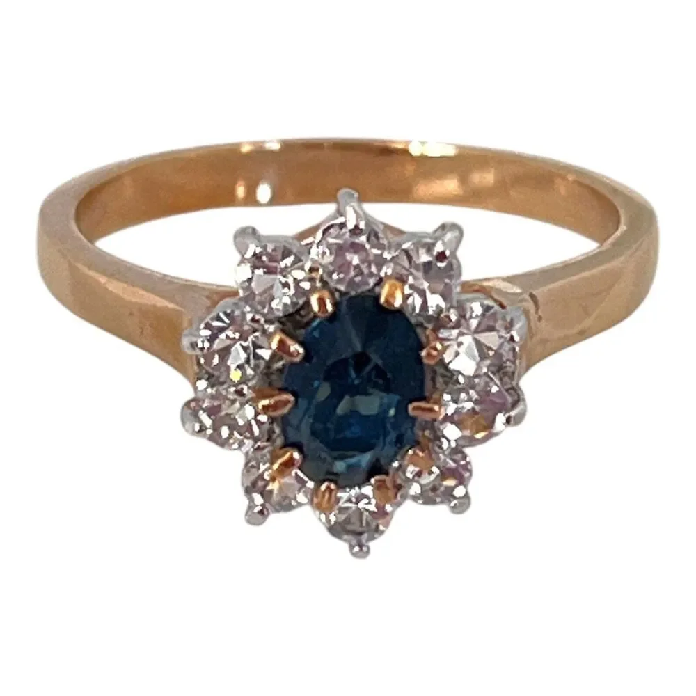 Vintage 1980s Ring Size 8 Blue Austrian Crystal Cluster Gold Plated - 10N